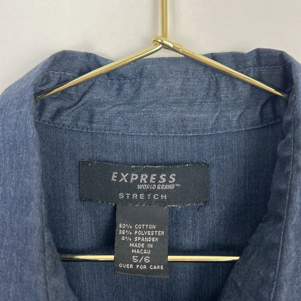Express Stretch Dark Blue Denim 1-2 Sleeve Top Sz 5/6 - Picture 10 of 11